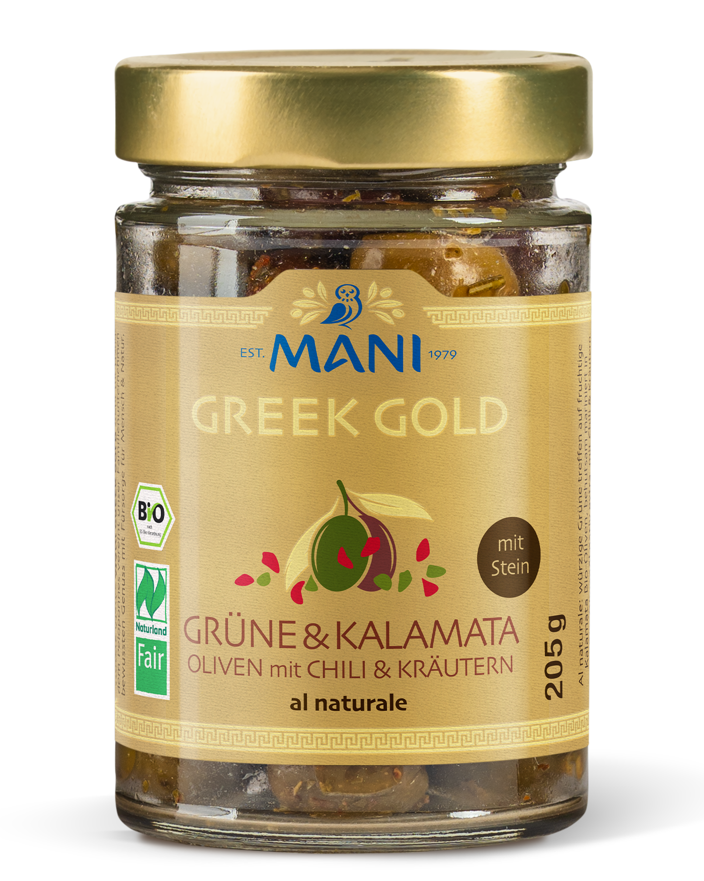 Greek Gold Grüne und Kalamata Oliven mit Chili und Kräutern al naturale, mit Stein